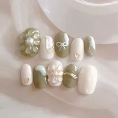 ネイルチップ サイズオーダー ニュアンス ぷっくりフラワー 淡色 落書き 冬