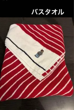 ❼新品ラルフローレン　バスタオル　ポロベア　ストライプ赤