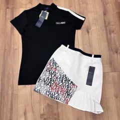 半袖モックネック　サイドプリーツスカート　セットアップ　サイズS 白×黒　ゴルフ