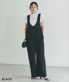 Uネック ワイドサロペット オールインワンのサムネイル