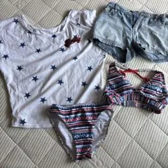 星柄Tシャツ・ビキニ・デニムショートパンツセット水着140cm