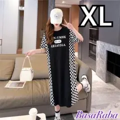 Tシャツワンピース(LL)✿半袖✿膝丈✿ブロックチェック柄✿体型カバー✿ゆったり