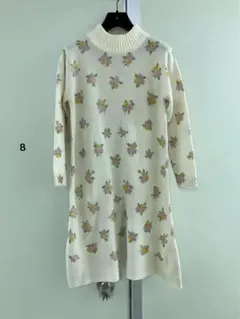 ■昭和レトロ古着■ IVORY×pink花柄プリント ニット ワンピース