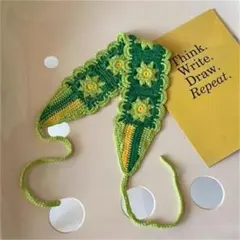 ヘアバンド　ニット　バブーシュカ　花柄　かぎ針編み　ヘアアクセ　グリーン　緑