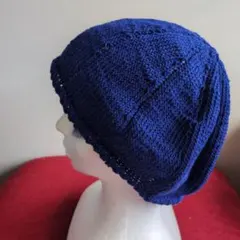 ネイビー ニット帽 編み目模様春から秋用　ベレー帽
