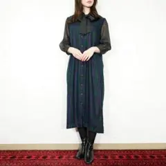 USA VINTAGE アメリカ古着チェック柄ウールノースリーブワンピース