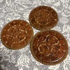 【美品】バリ島 陶器×ラタン コースター 3枚セット テラコッタ アジアン雑貨