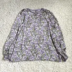 ANNA SUI 花柄シルク混ブラウス パープル S USA製 フレア袖 リボン 