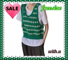 【限界価格】ダイヤ柄 ヴィンテージ風 グリーン ニットベスト