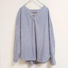 anySiS ストライプ ブラウス バックボタン Vネック M
