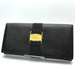 美品 フェラガモ 長財布 ヴァラリボン リザード型押し ネイビー 