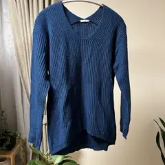 GU ブルー Vネック リブ編みセーター 長袖 Mサイズ