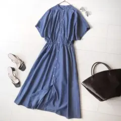 くすみブルーアーバンリサーチバンドカラーリネンドルマン半袖シャツワンピース美品夏