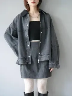 Lumier スウェード襟切替デニムブルゾン/ブラック