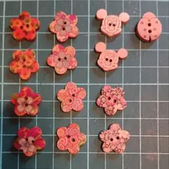 ウッドボタン　花柄　花型　木製ボタン 13個セット レトロ