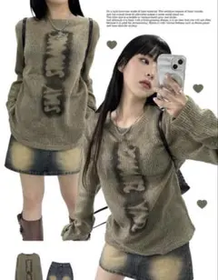 Y2K グラフィックニットセーター オリーブグリーン