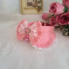 ピンクギンガムチェック、わんちゃん猫ちゃん用襟付き首輪