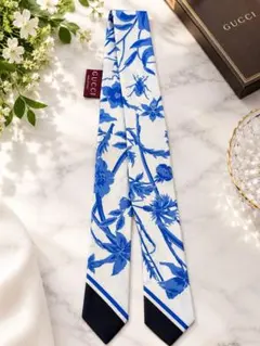 GUCCI ネックボウ スカーフ ブルー ホワイト 花柄
