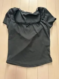 黒 レース付きスクエアネック 半袖トップス