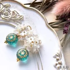 紫陽花⌘アジサイ お花 レジン ヘアゴム パール 緑 ビジュー - メルカリ