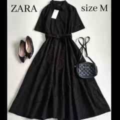 ◆新品◆1.5万◆ZARA◆刺繍入りシャツワンピース◆黒◆M◆フレア◆ロング◆