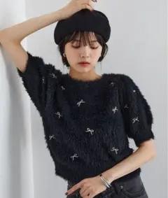 【VIS】フェザーヤーンリボン刺繍ビーズニット