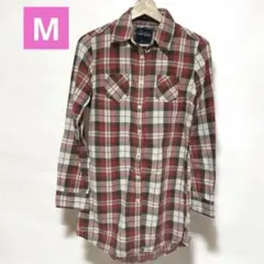 シャツ M チェック　赤　青　白　レッド　ブルー　ホワイト　ネルシャツ　ロング