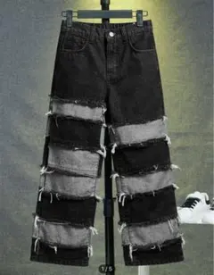 ダメージ加工 ブラック グレー パッチワーク デニムパンツ
