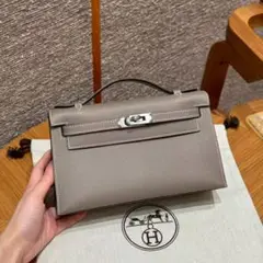 HERMES エレガント グレー レザークラッチバッグ