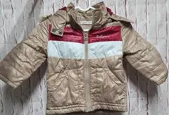 ベージュ　バイカラー　モコモコフード付きアウター