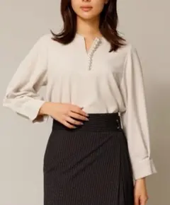 15400円 TONAL トーナル パールキーネックブラウス 長袖ブラウス 灰①のサムネイル