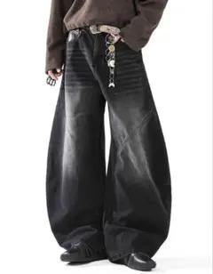 ブラック ワイドレッグ デニムパンツ S