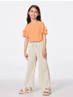 GU GIRLSリブプルオンワイドフレアパンツ　白　130