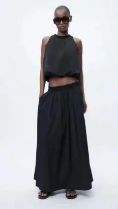 ZARA 黒 ロング フレアスカート シャカシャカ ウエストゴム ポケット付 M