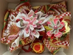 ☆ 七五三 結び帯 作り帯 赤 金色 花柄 花飾り 昭和レトロ ☆