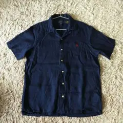 【リネン・良品】ポロラルフローレン　半袖シャツ　ネイビー　麻　POLO ポニー