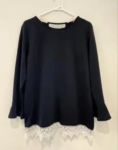 ネイビー レース付き長袖シャツ