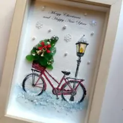 赤い自転車のクリスマス★　ペン＆水彩　シーグラスアート