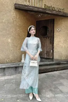 アオザイ ワンピースセット 淡緑色 花柄 - メルカリ