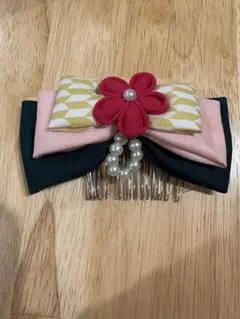 リボン型髪飾り 花とパール付き