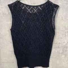 【美品】タンクトップ かぎ編み Free ブラック 無地 伸縮性有 薄手 春夏