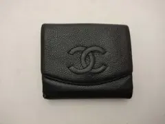香奈兒 黑色 經典菱格紋 魚子醬皮革 三摺皮夾