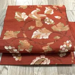 九寸名古屋帯　紬地　葡萄唐草花鳥文　正絹　501