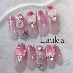 現品　フレンチガーリーネイル　グラデ　ローズ　ちゅるん　ロング　フラッシュ