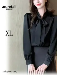 ★レディース 長袖ブラウス ボウタイ ブラウス スタンドカラー ブラック XL