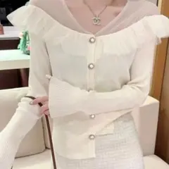 GRL チュールフリルニットカーディガン　アイボリー