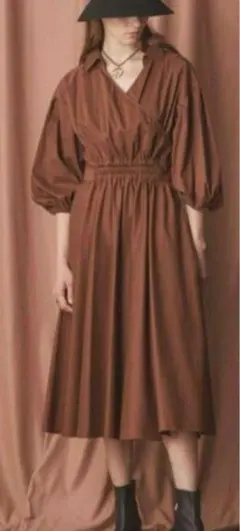 訳ありEPOCAブラウン ラップスタイル 七分袖ロングワンピース