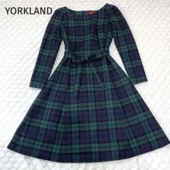 YORKLAND ヨークランド　長袖ワンピース　チェック　リボンベルト　緑