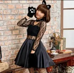 ハロウィン　コスチューム　猫　猫耳カチューシャ　首輪付き　ブラックコスチューム