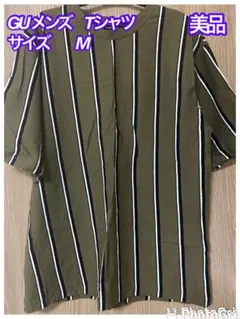 GU メンズ Tシャツ M オリーブグリーン ストライプ